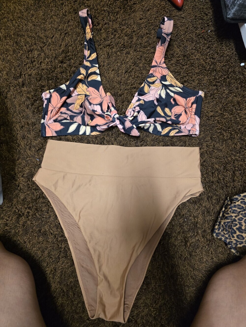 Floral Tie-Front Bikini Top with High-Waist Solid Bottom